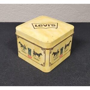 Vintage 1990s Yellow Levi's Square Metal Tin with Classic Two Horse Logo - Empty